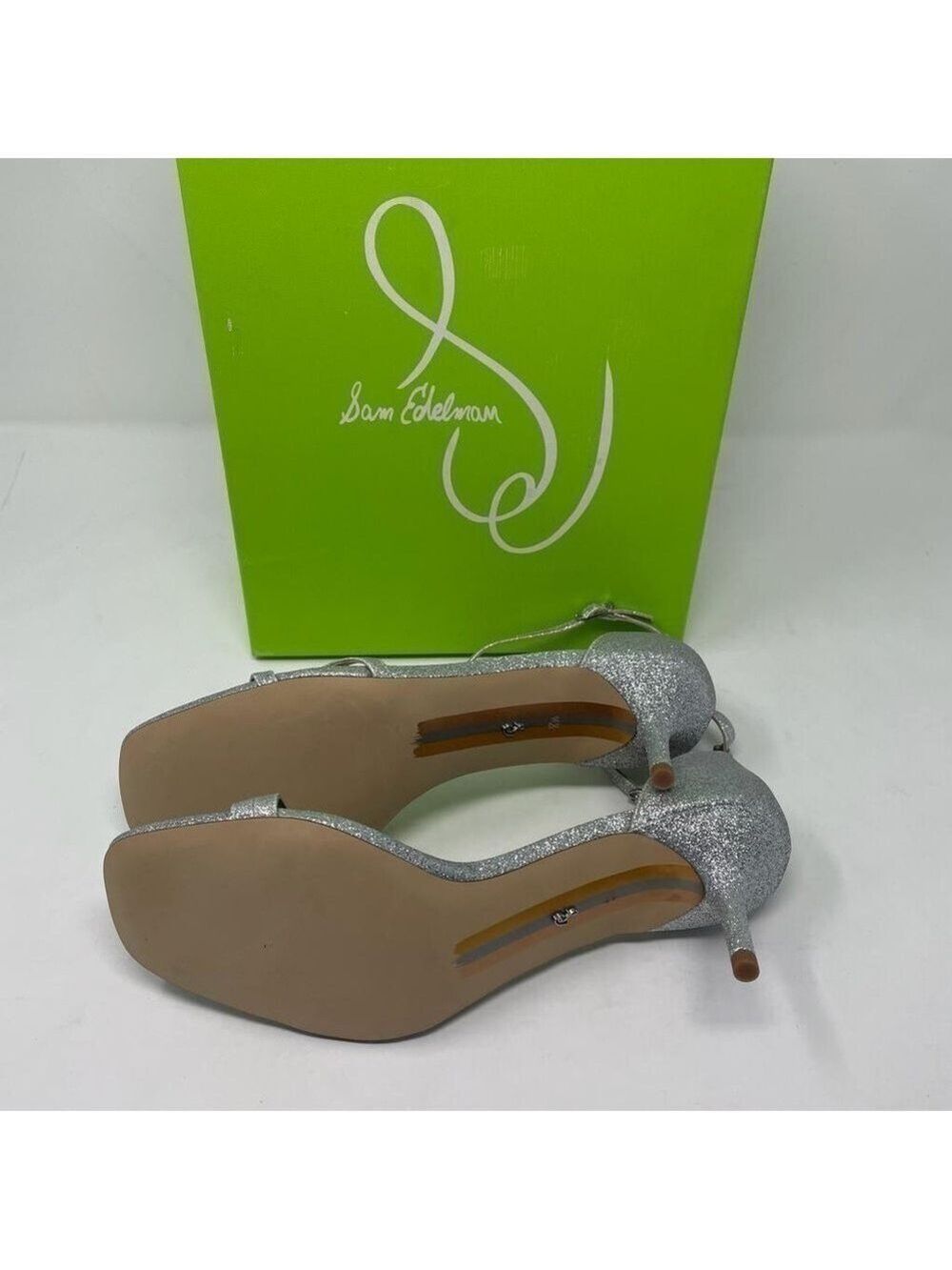 NIB Sam Edelman Peonie Ankle Strap Leather Kitten Heel Sandals in Silver Glitter - Picture 11 of 13